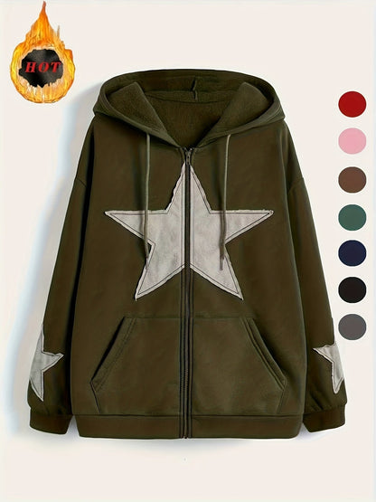 Sweat à capuche zippé marron avec motif étoile gris délavé