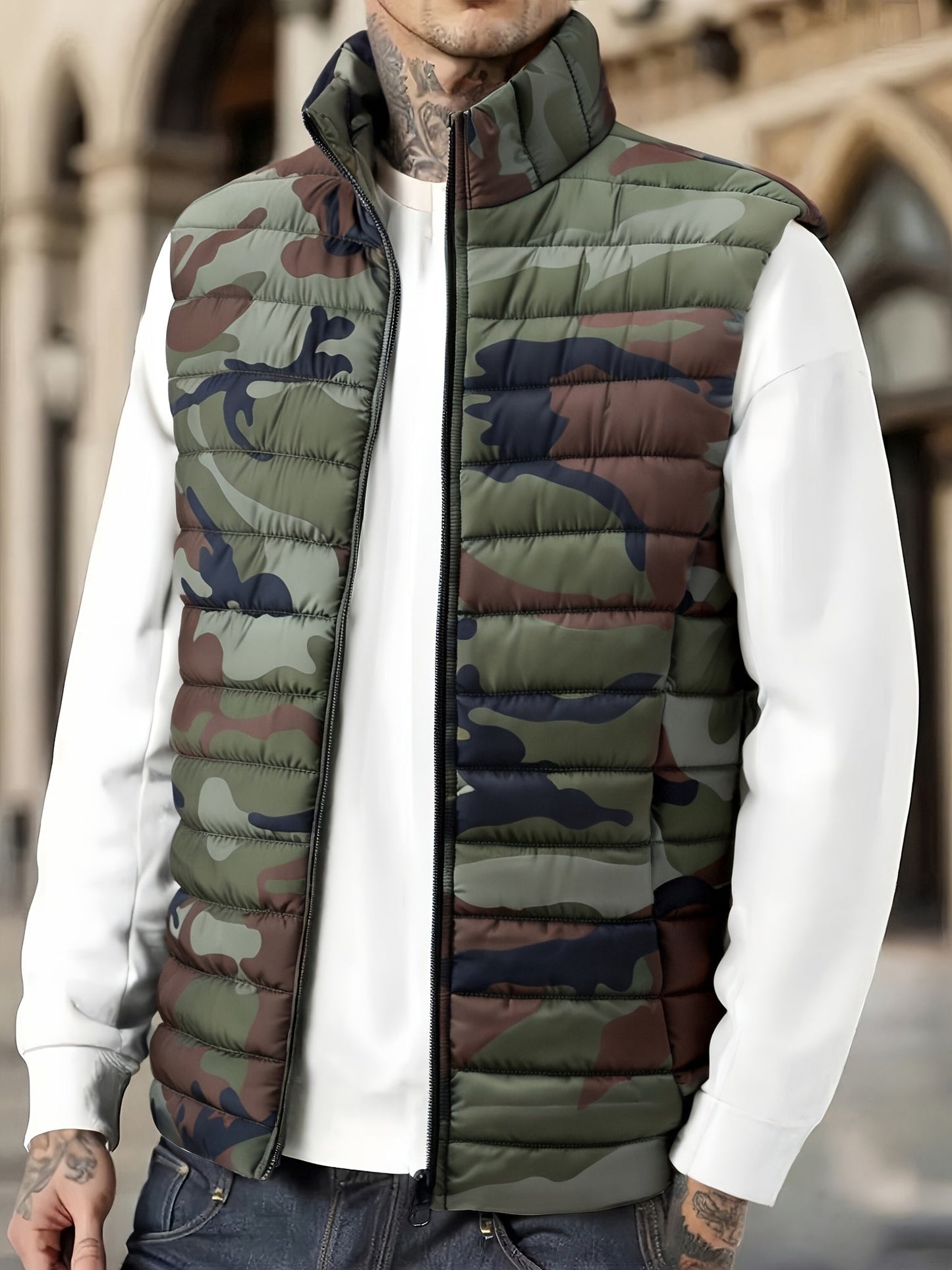 Doudoune sans manches homme matelassée motif camouflage vert militaire