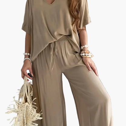 Combinaison Pantalon Femme Style Décontracté Chic à Manches Courtes et Col V – Parfaite pour Printemps et Été