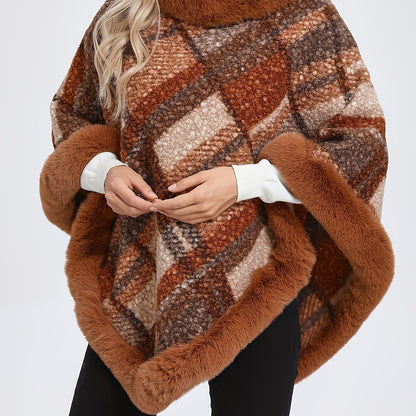 Poncho Femme Chaud Motifs Géométriques et Bordures Imitation Fourrure