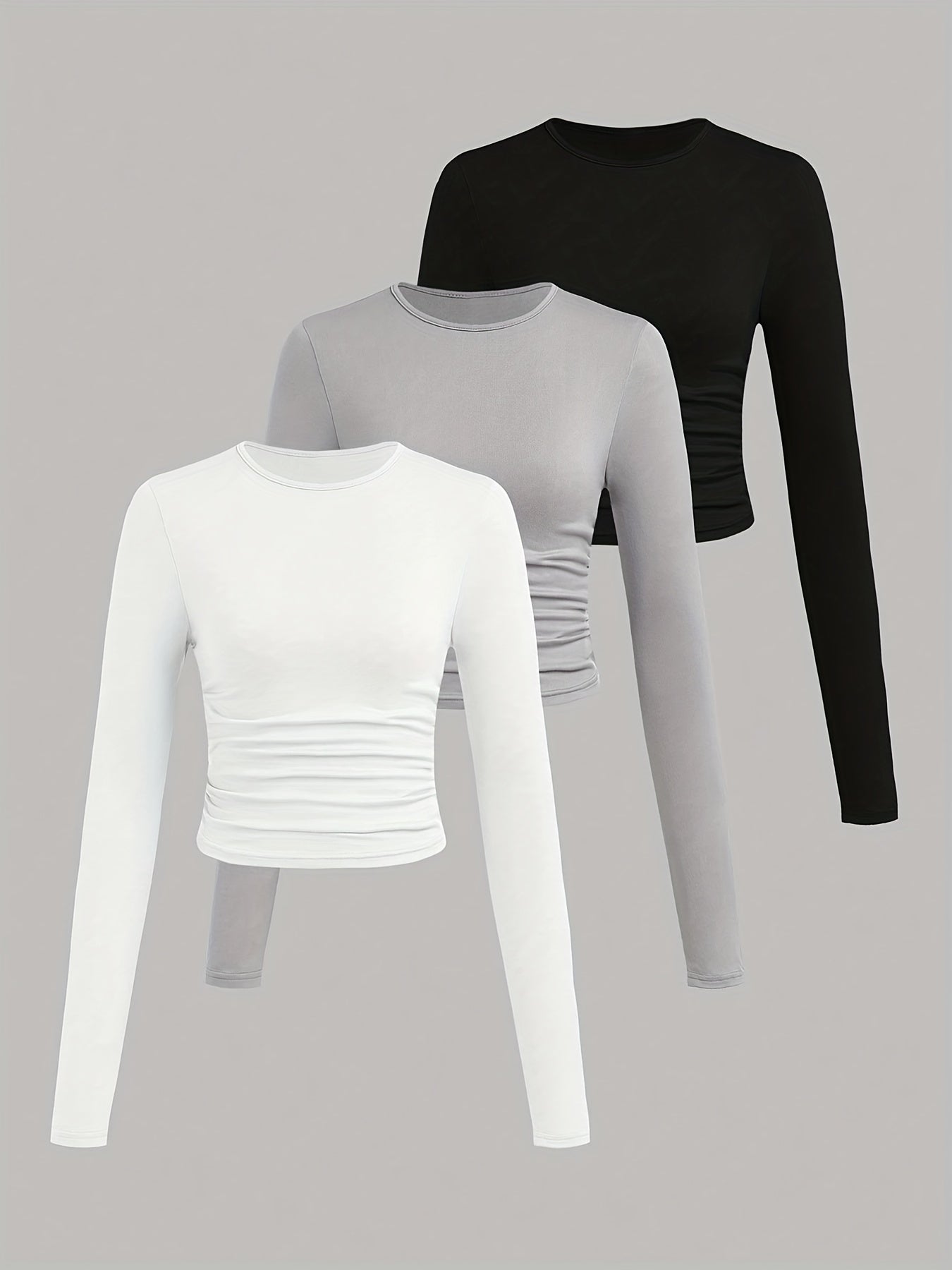Lot de 3 Crop Tops Femme Manches Longues Col Rond Froncé