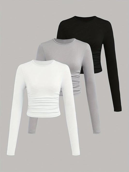 Lot de 3 Crop Tops Femme Manches Longues Col Rond Froncé