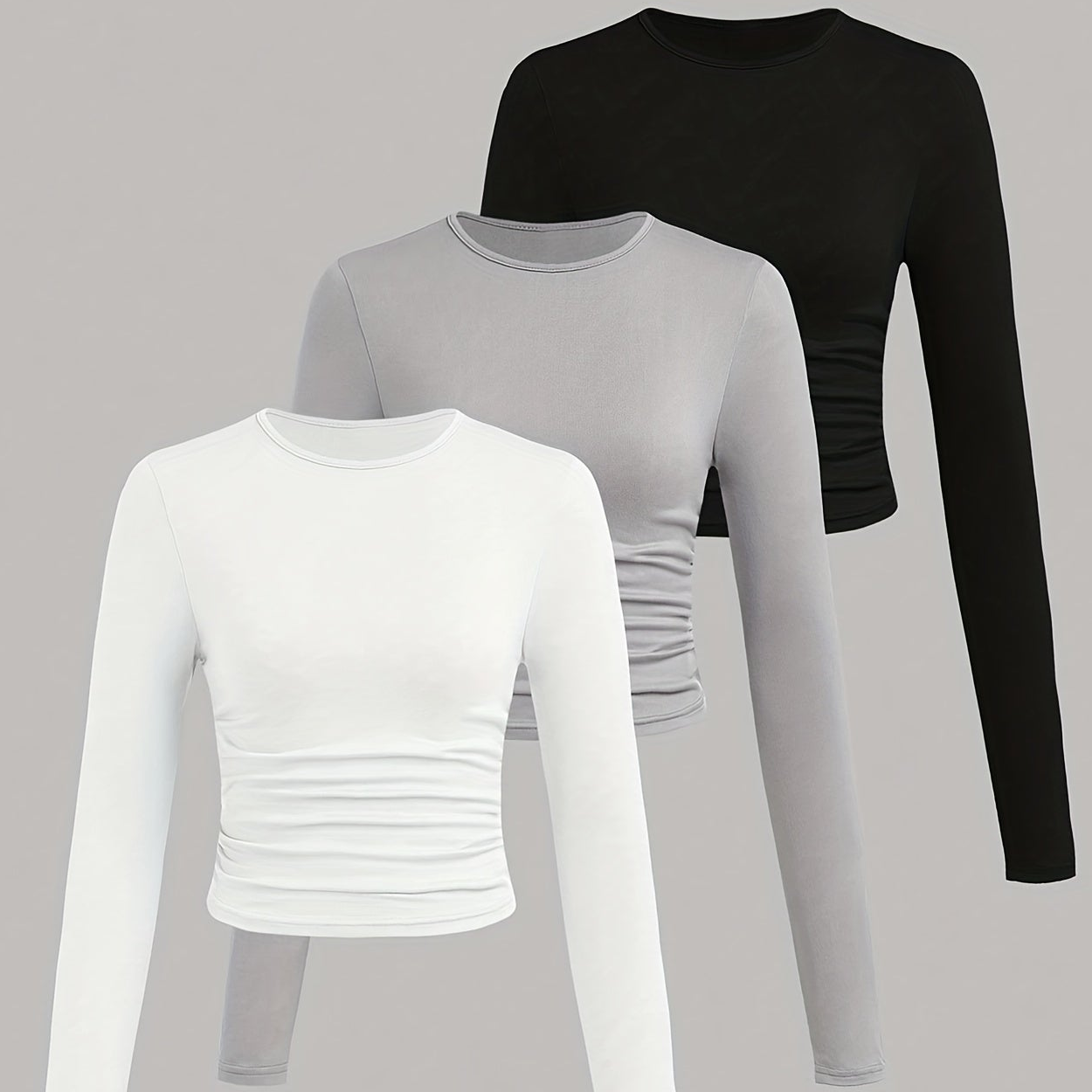 Lot de 3 Crop Tops Femme Manches Longues Col Rond Froncé
