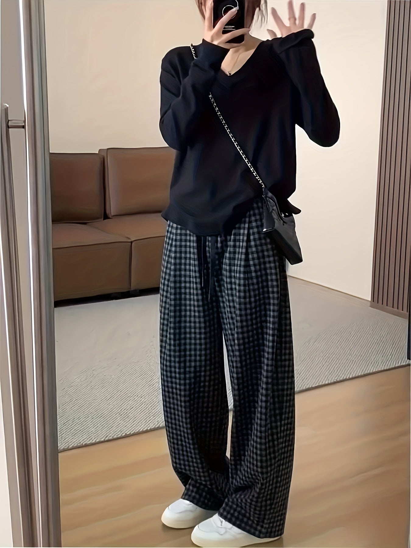 Pantalon large à carreaux Vichy noir et gris avec taille élastique et cordon