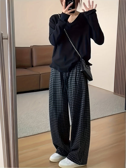 Pantalon large à carreaux Vichy noir et gris avec taille élastique et cordon