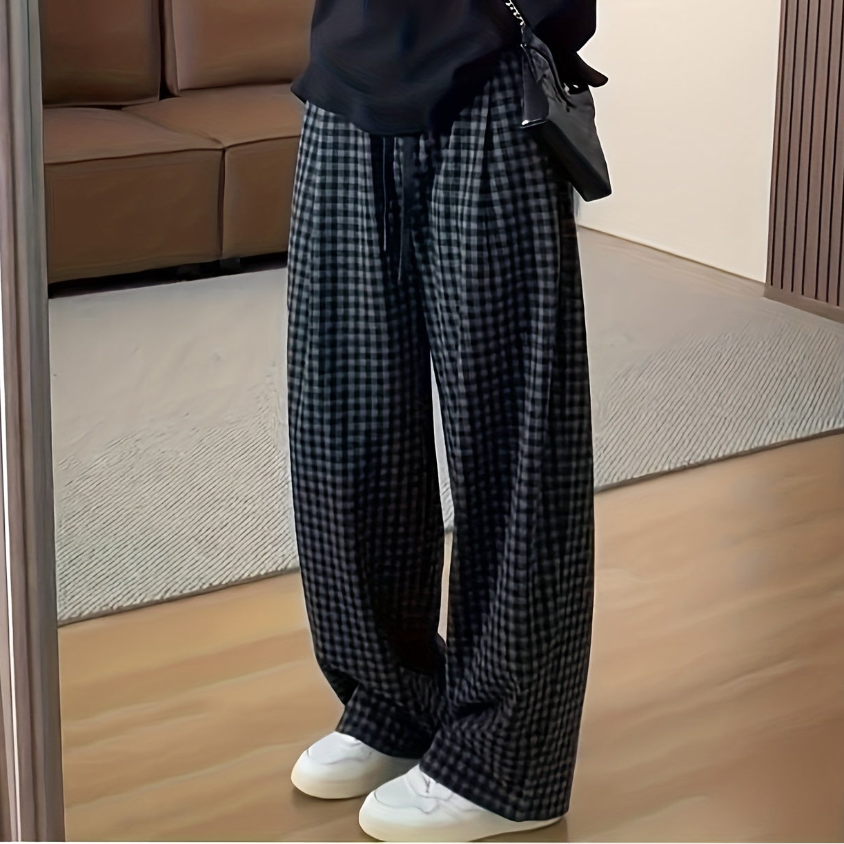 Pantalon large à carreaux Vichy noir et gris avec taille élastique et cordon