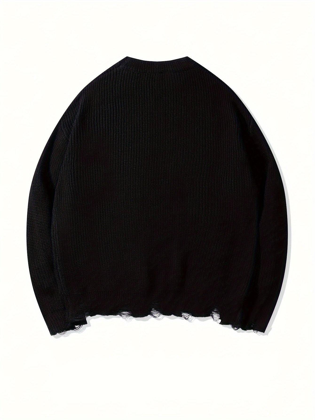 Pull en maille unisexe noir à col rond avec détails de lacets et ourlet effiloché