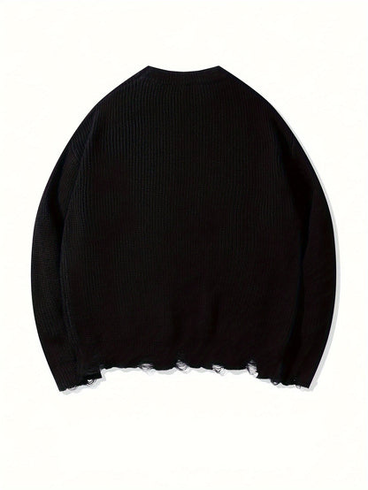 Pull en maille unisexe noir à col rond avec détails de lacets et ourlet effiloché