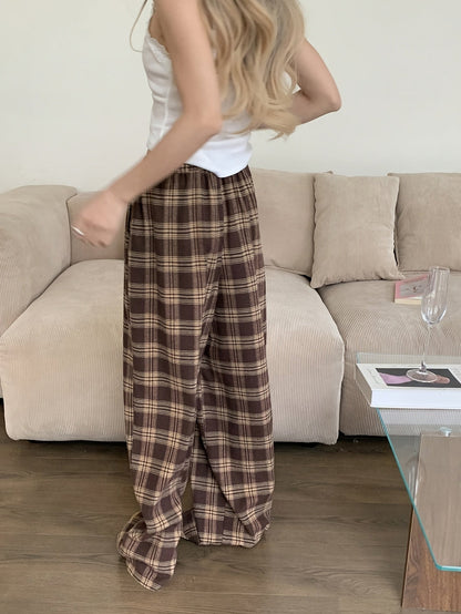 Pantalon de Pyjama Femme Carreaux Marron et Beige Ample avec Cordon