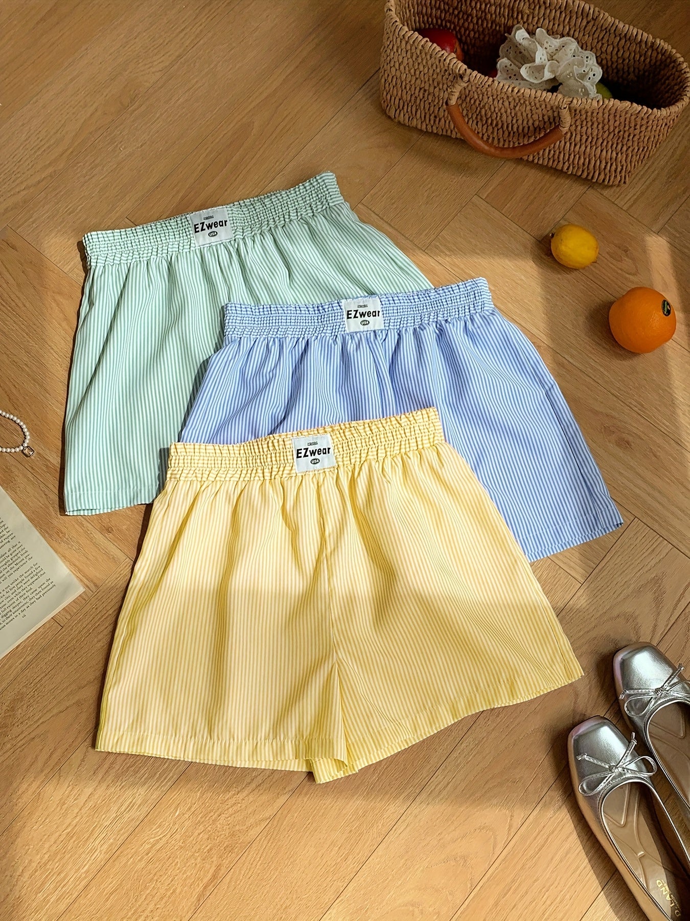 Shorts décontractés à rayures pour femme, lot de 3, style confortable pour la maison ou l'été