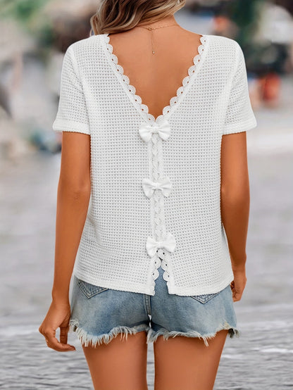Top Femme Décontracté Dos Nu avec Nœuds et Dentelle Style Romantique
