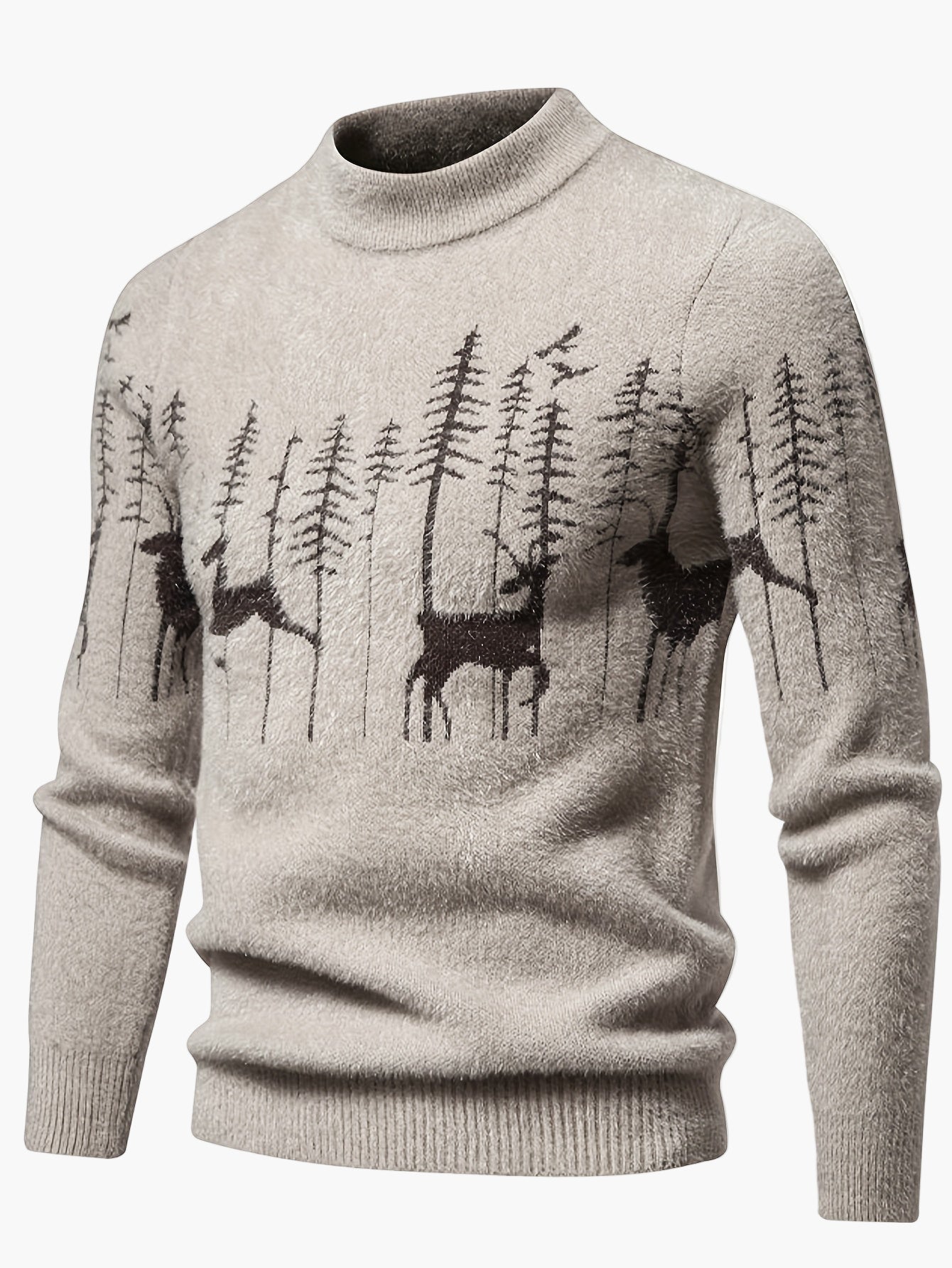 Maglione uomo stile nordico con collo rotondo, motivo cervi e foresta, inverno casual