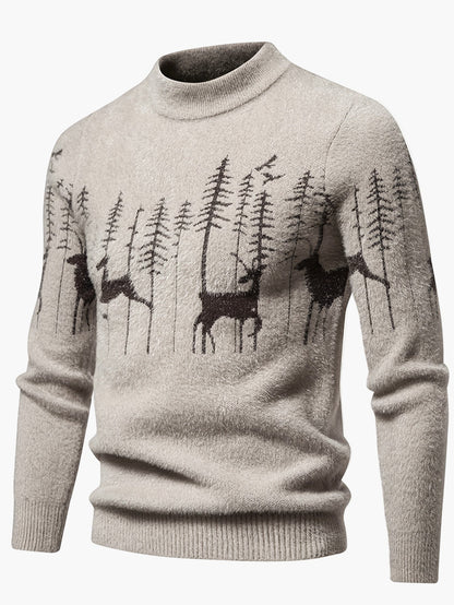 Maglione uomo stile nordico con collo rotondo, motivo cervi e foresta, inverno casual
