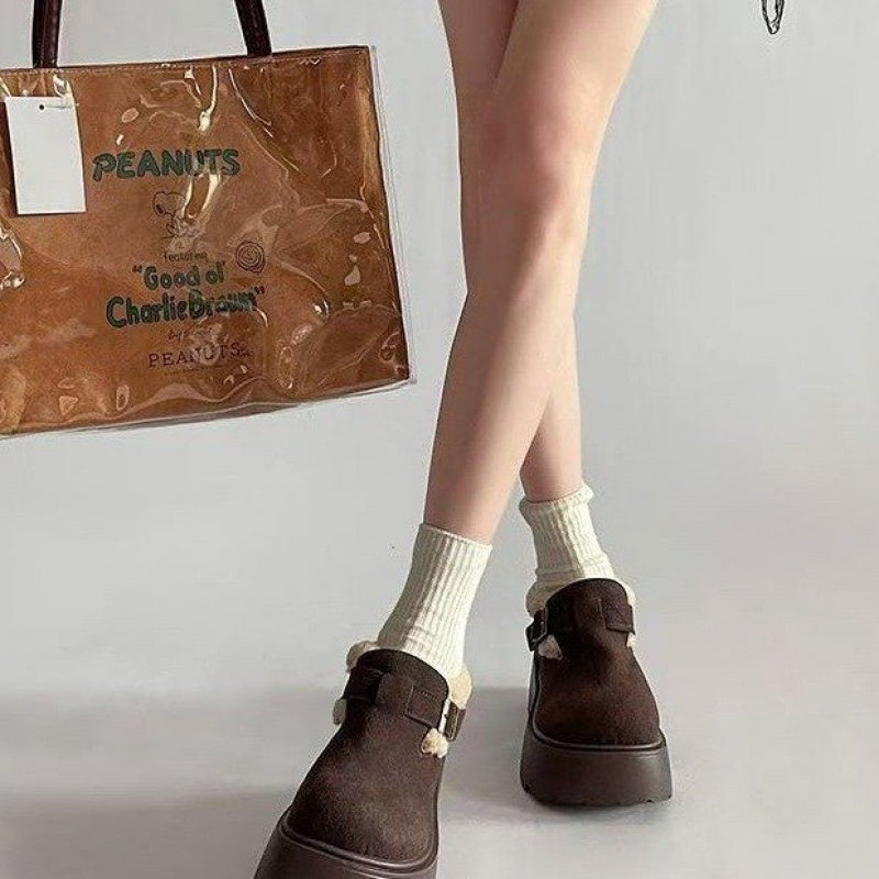 Chaussures plateforme fourrées à boucle couleur camel ou marron, semelle épaisse