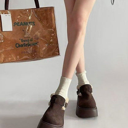 Chaussures plateforme fourrées à boucle couleur camel ou marron, semelle épaisse