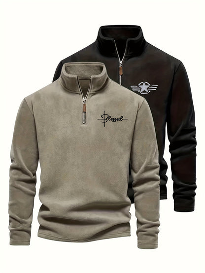 Pulls Homme Col Montant Zippé Polaire Coupe Droite Bicolore Beige Kaki et Noir Imprimé Graphique