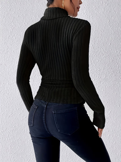 Haut côtelé à col montant pour femme, manches longues, ajusté, vert kaki, gris clair et beige