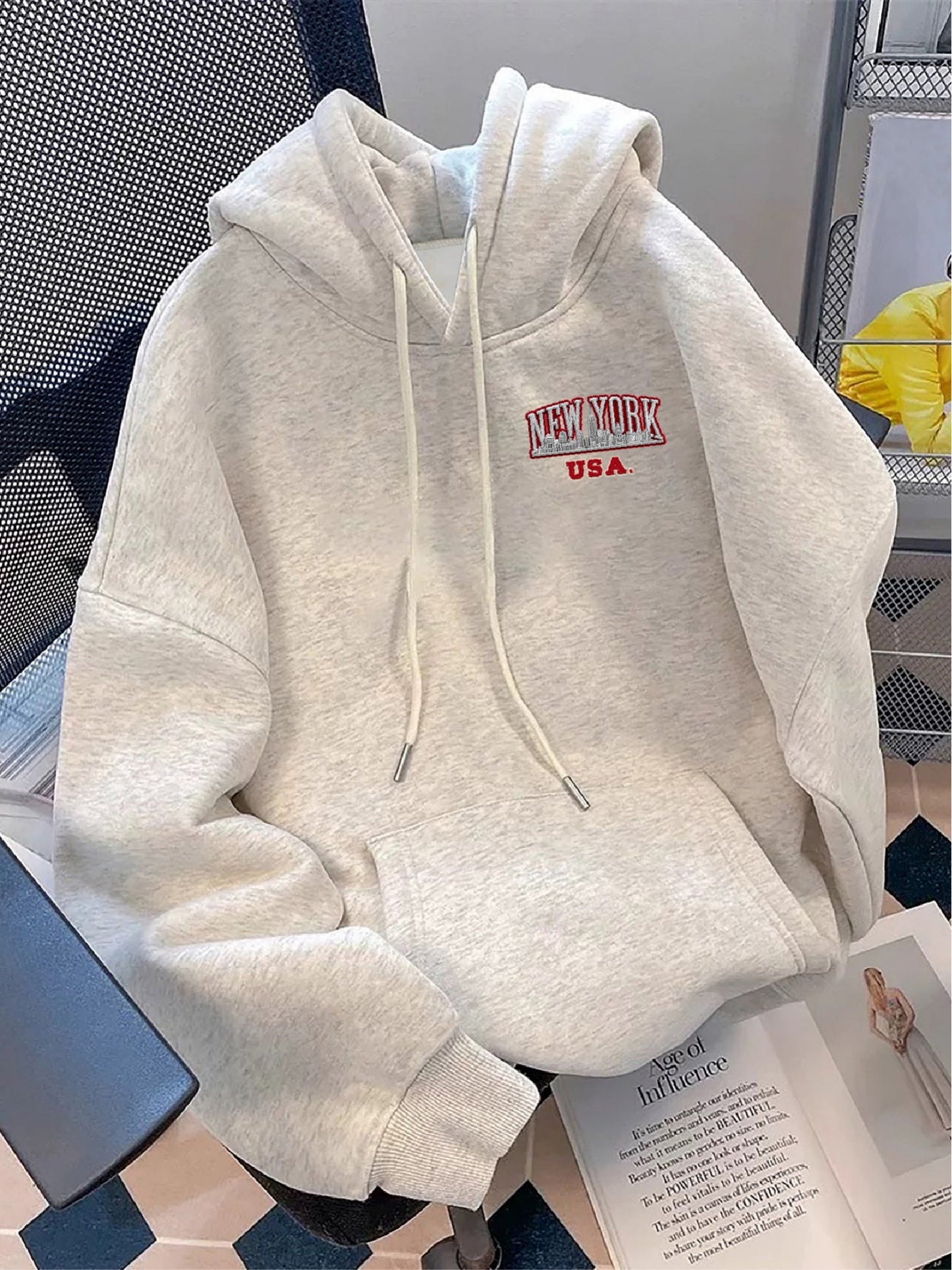 Sweat à Capuche Unisexe Gris Clair Imprimé New York USA