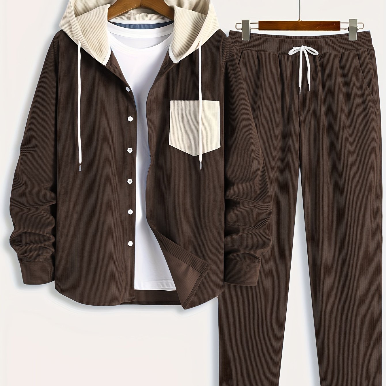 Ensemble Homme Côtelé Chemise à Capuche et Pantalon Couleur Unie