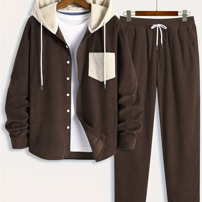 Ensemble Homme Côtelé Chemise à Capuche et Pantalon Couleur Unie