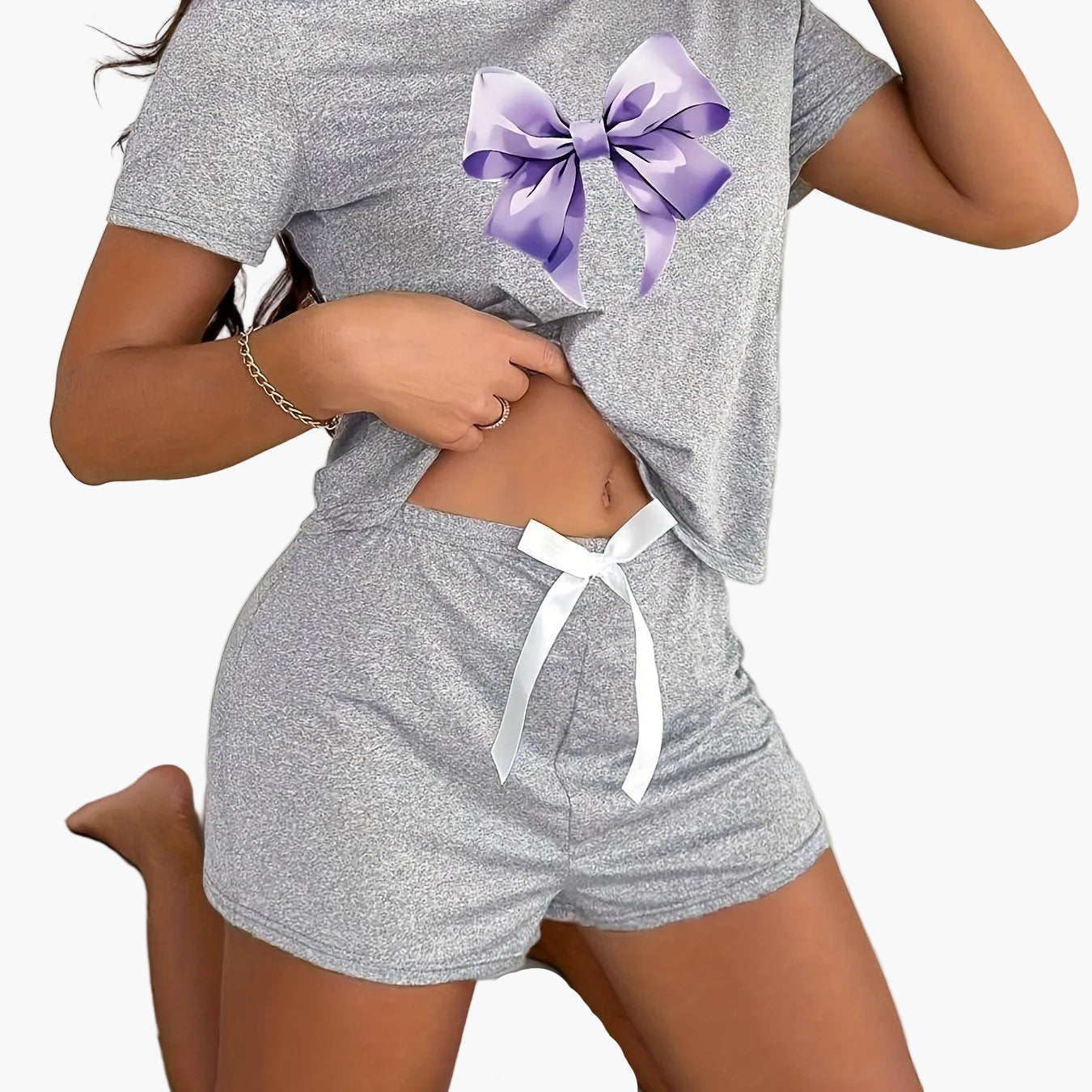 Pyjama court femme imprimé nœud style décontracté pour l'été