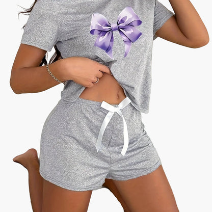 Pyjama court femme imprimé nœud style décontracté pour l'été