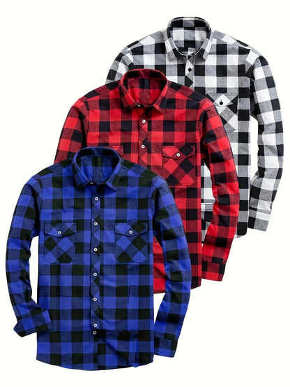 Chemise à Carreaux Homme Manches Longues à Col Classique et Poches Poitrine Couleurs Variées