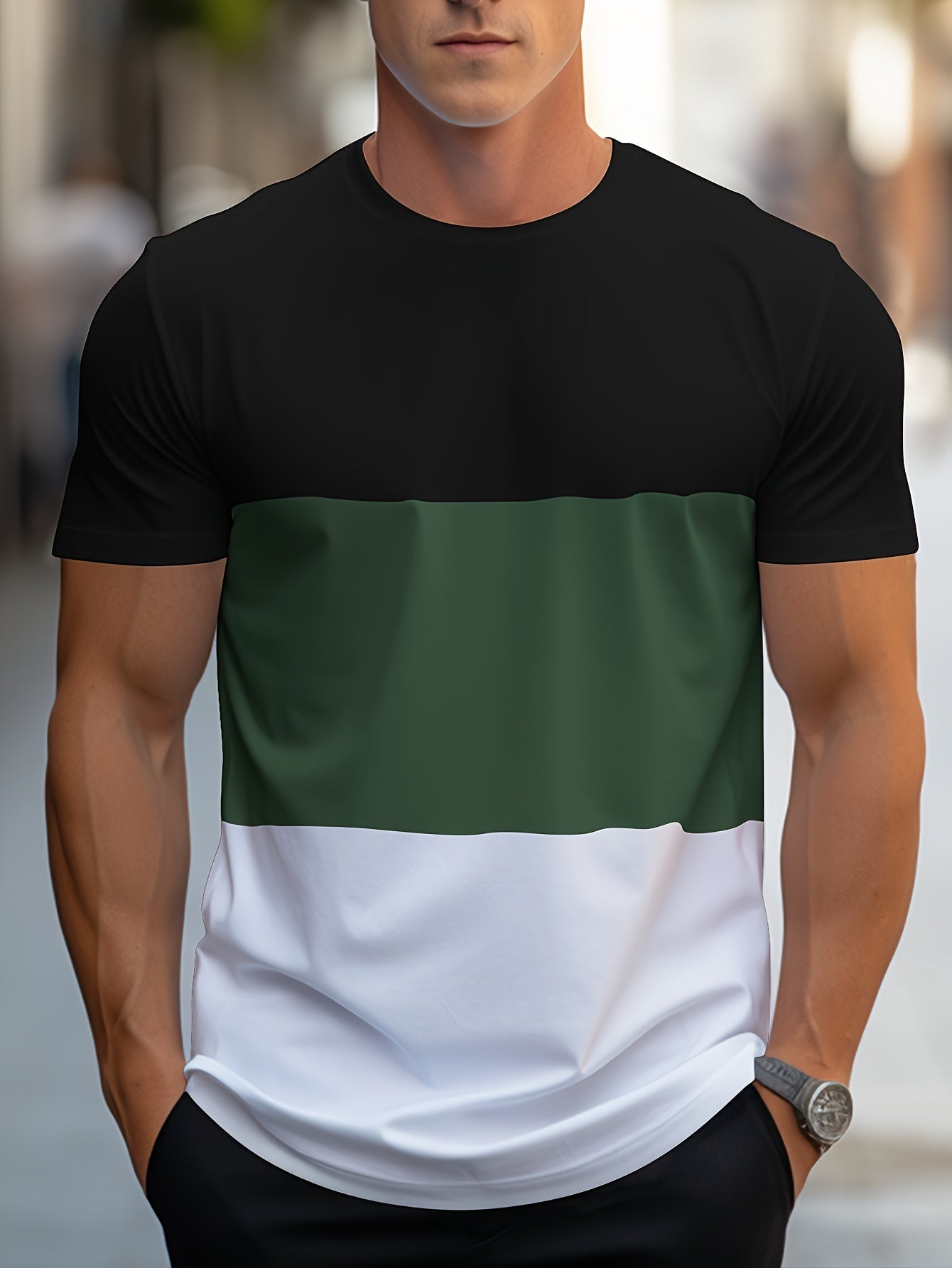T-shirt Homme Style Décontracté à Bandes Contraste pour Usage Quotidien