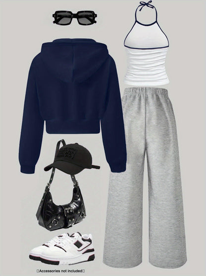 Ensemble Sportif Décontracté Femme 3 Pièces : Sweat à Capuche Court Zippé, Débardeur Halter et Pantalon Large Molletonné