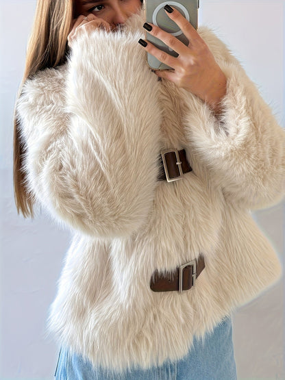 Veste Femme en Fausse Fourrure Beige avec Boucles Décoratives