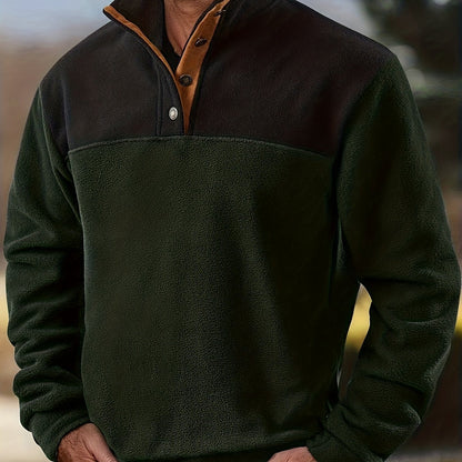 Pull Homme en Polaire Bicolore avec Col Montant et Boutons à Pression