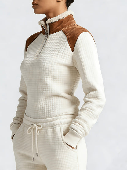Pull matelassé Femme Col Montant Zippé Blanc Cassé Épaules Marron Effet Daim
