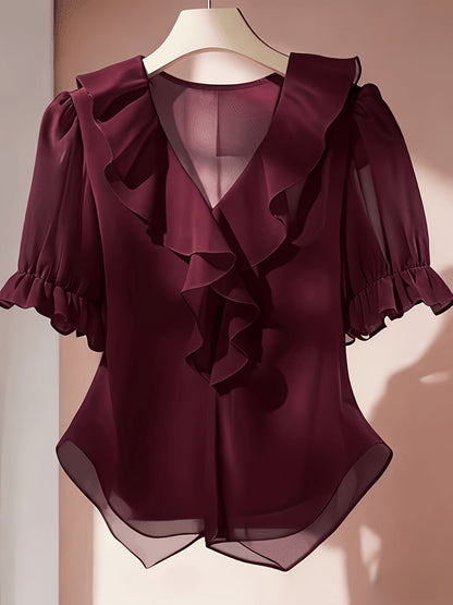 Elegant Women's Blouse with Ruffles Romantic Style for Office and Evening