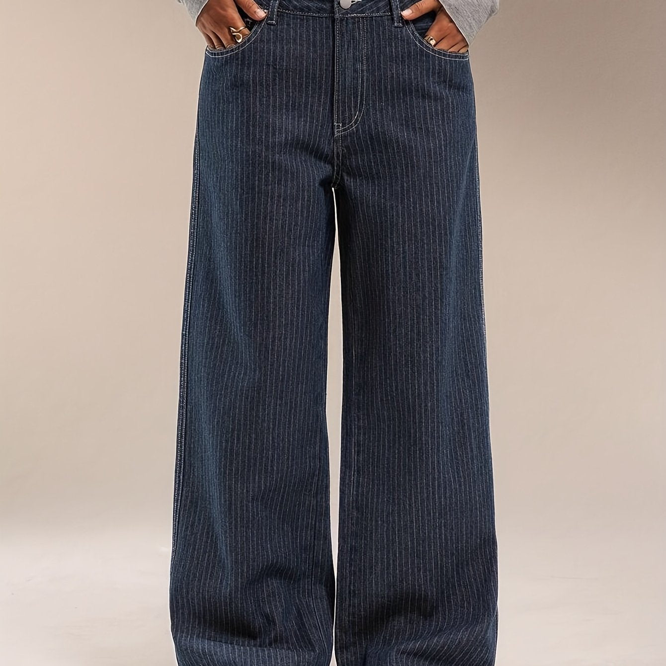 Jean large délavé bleu marine rayé taille haute pour femme
