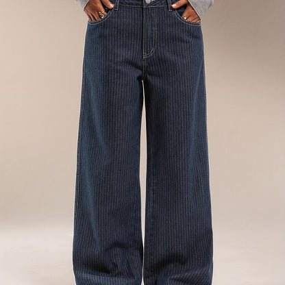 Jean large délavé bleu marine rayé taille haute pour femme