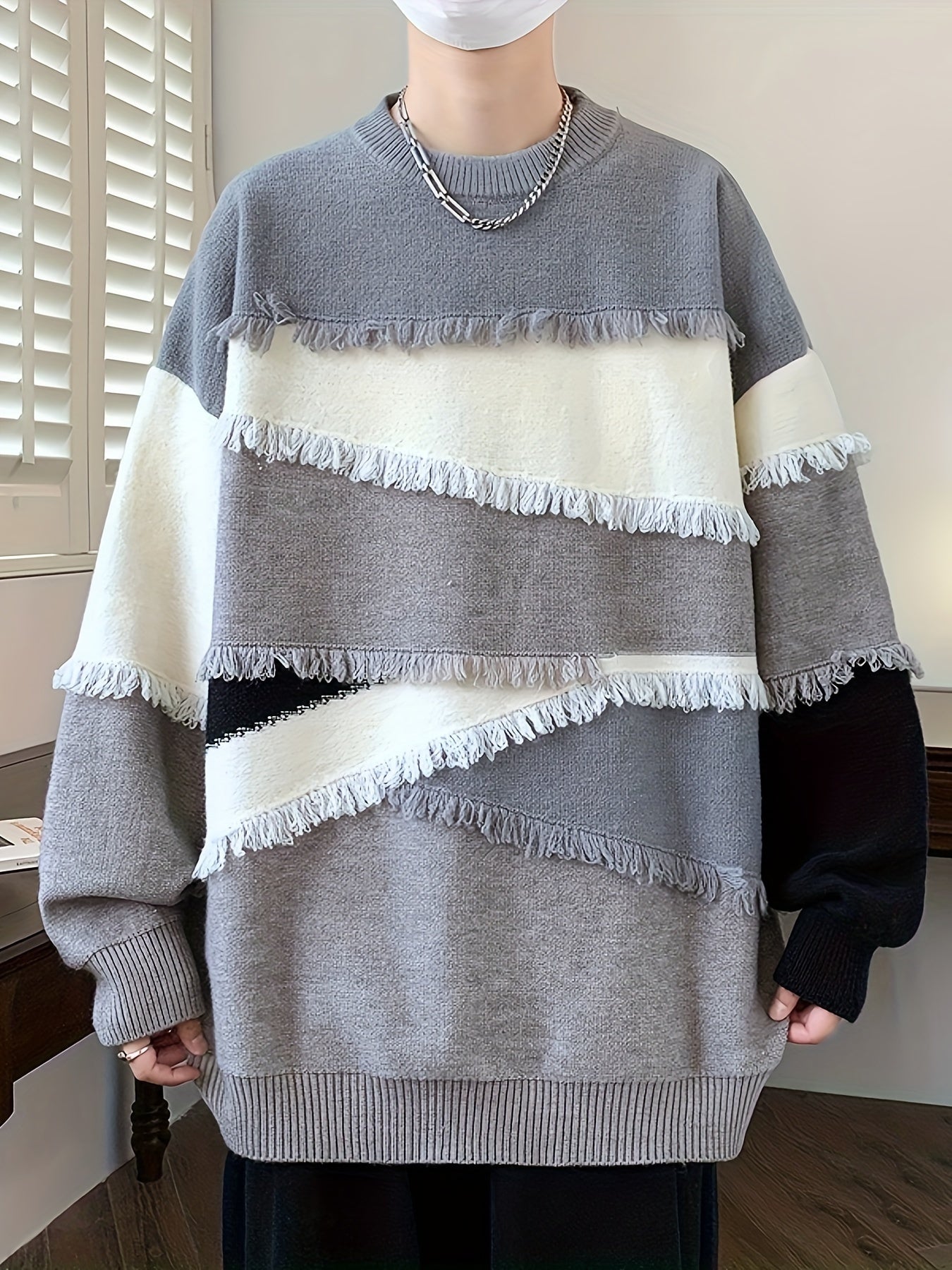 Pull Homme Col Rond Color Block à Franges Tricoté Décontracté