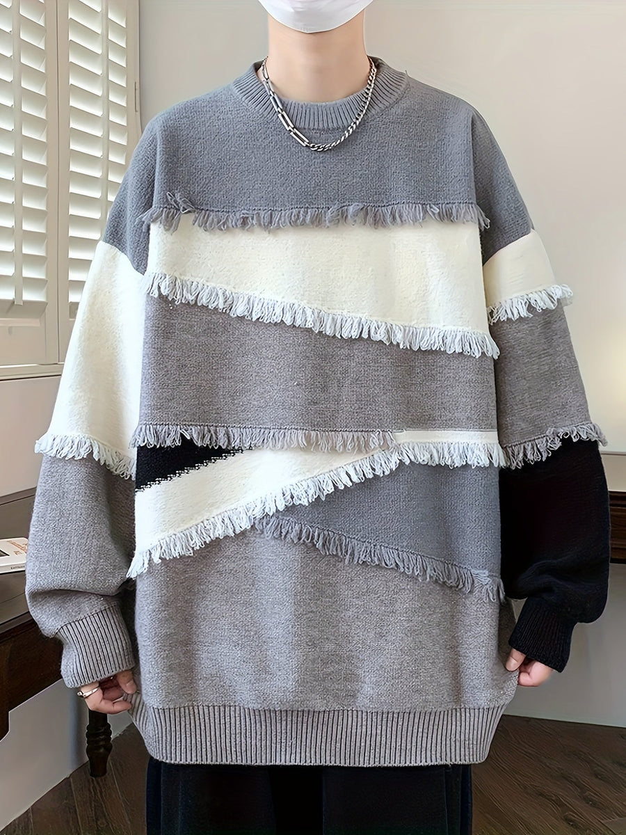 Pull Homme Col Rond Color Block à Franges Tricoté Décontracté