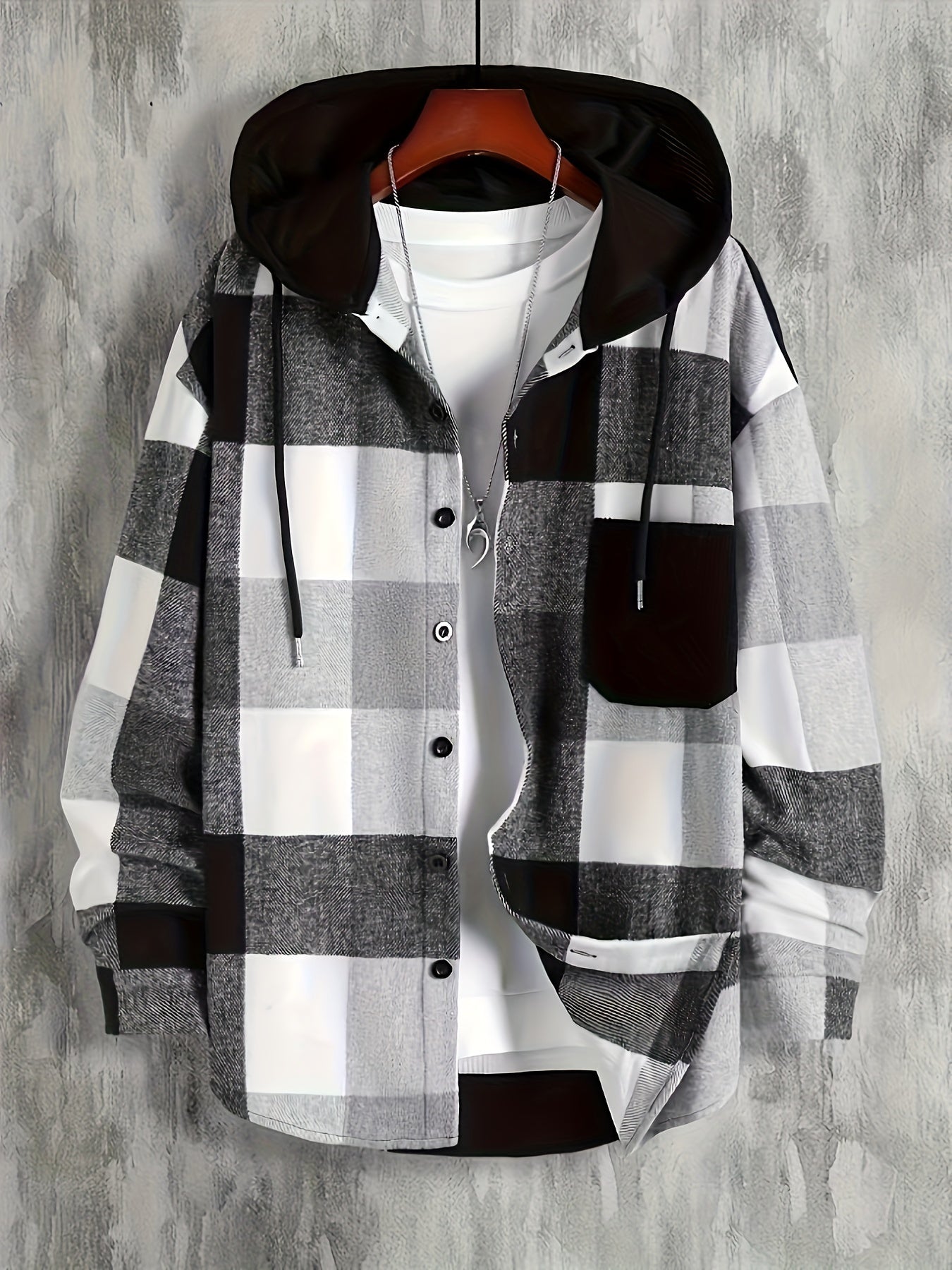 Veste à capuche homme à carreaux noir et blanc à boutonnage simple