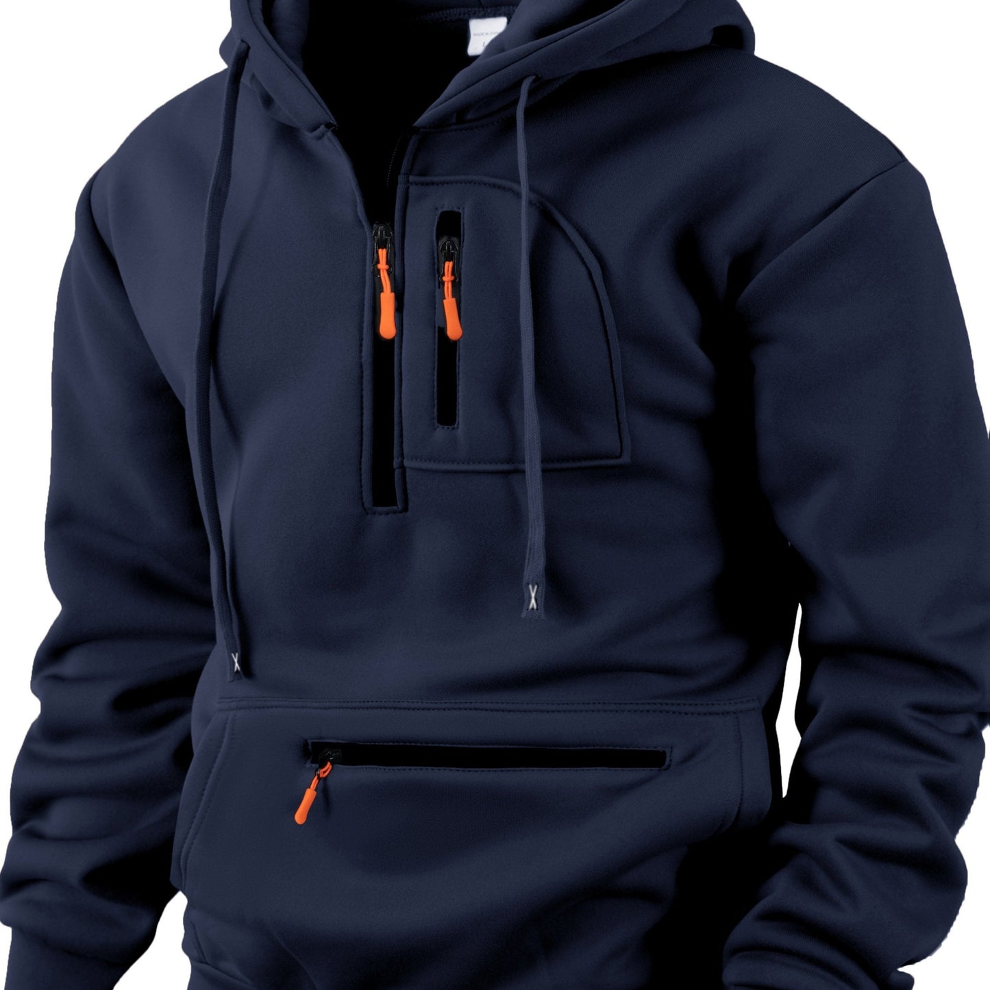 Sweat à Capuche Homme Mi-Zip avec Poches Zippées Devant Kaki