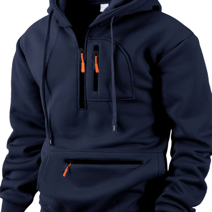 Sweat à Capuche Homme Mi-Zip avec Poches Zippées Devant Kaki