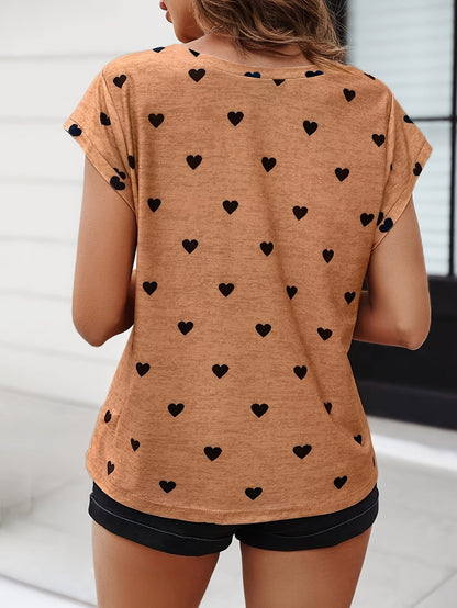 Elegant dam-T-shirt med hjärtmönster, V-ringning, somrig och chic stil