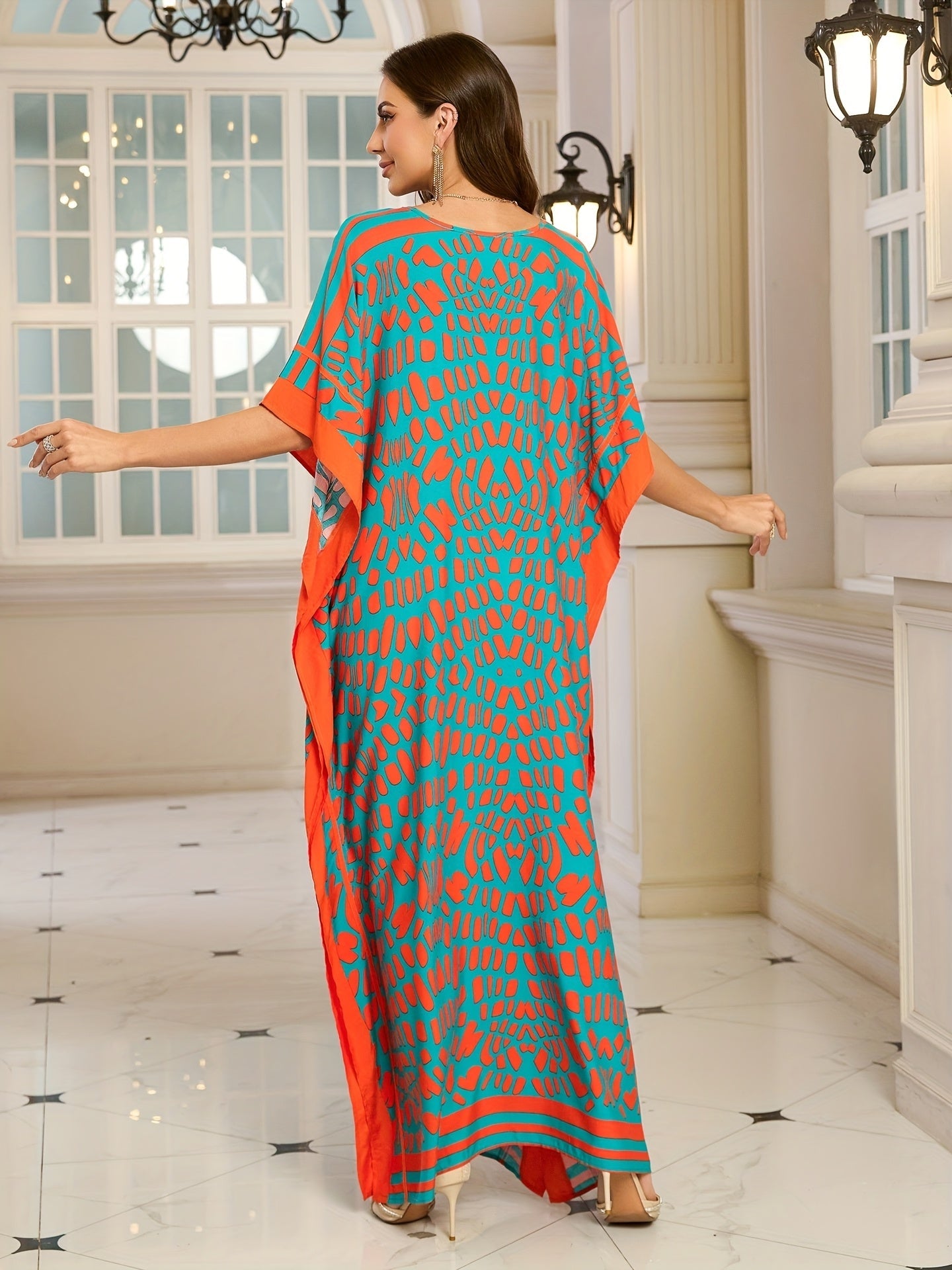 Robe longue bohème femme à imprimé graphique, col V, style décontracté chic