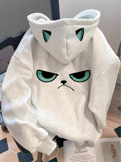 Sweat à Capuche Unisexe Gris Clair Motif Chat Grognon Oreilles Pointues