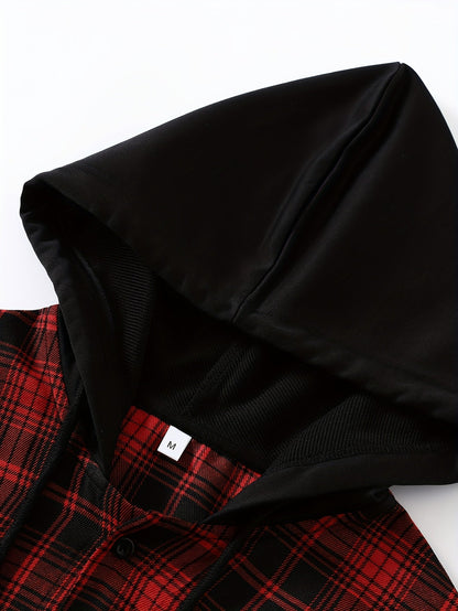 Veste à capuche pour homme motif carreaux rouge et noir style superposé