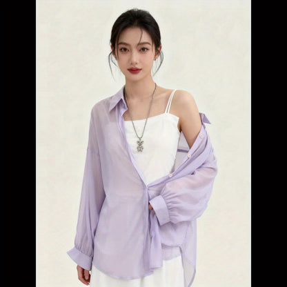 Løs transparent skjorte med undertrøje – Kvinde – Moderne stil til elegante lag-på-lag looks