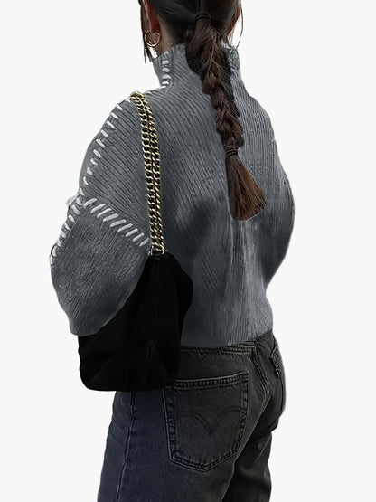 Sweter damski w stylu casual z golfem, szerokimi rękawami i modnymi detalami szwalniczymi na jesień i zimę