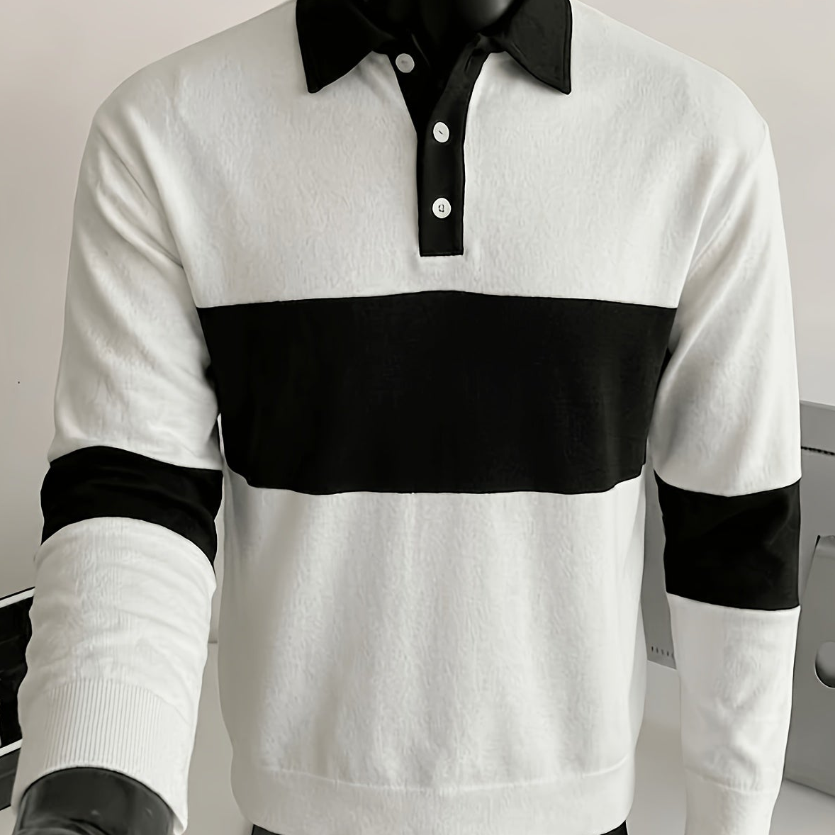 Polo à manches longues homme bicolore rayé col noir