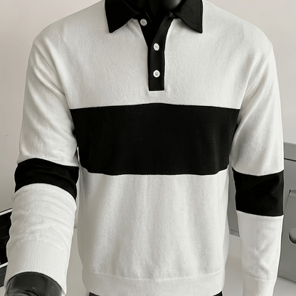 Polo à manches longues homme bicolore rayé col noir