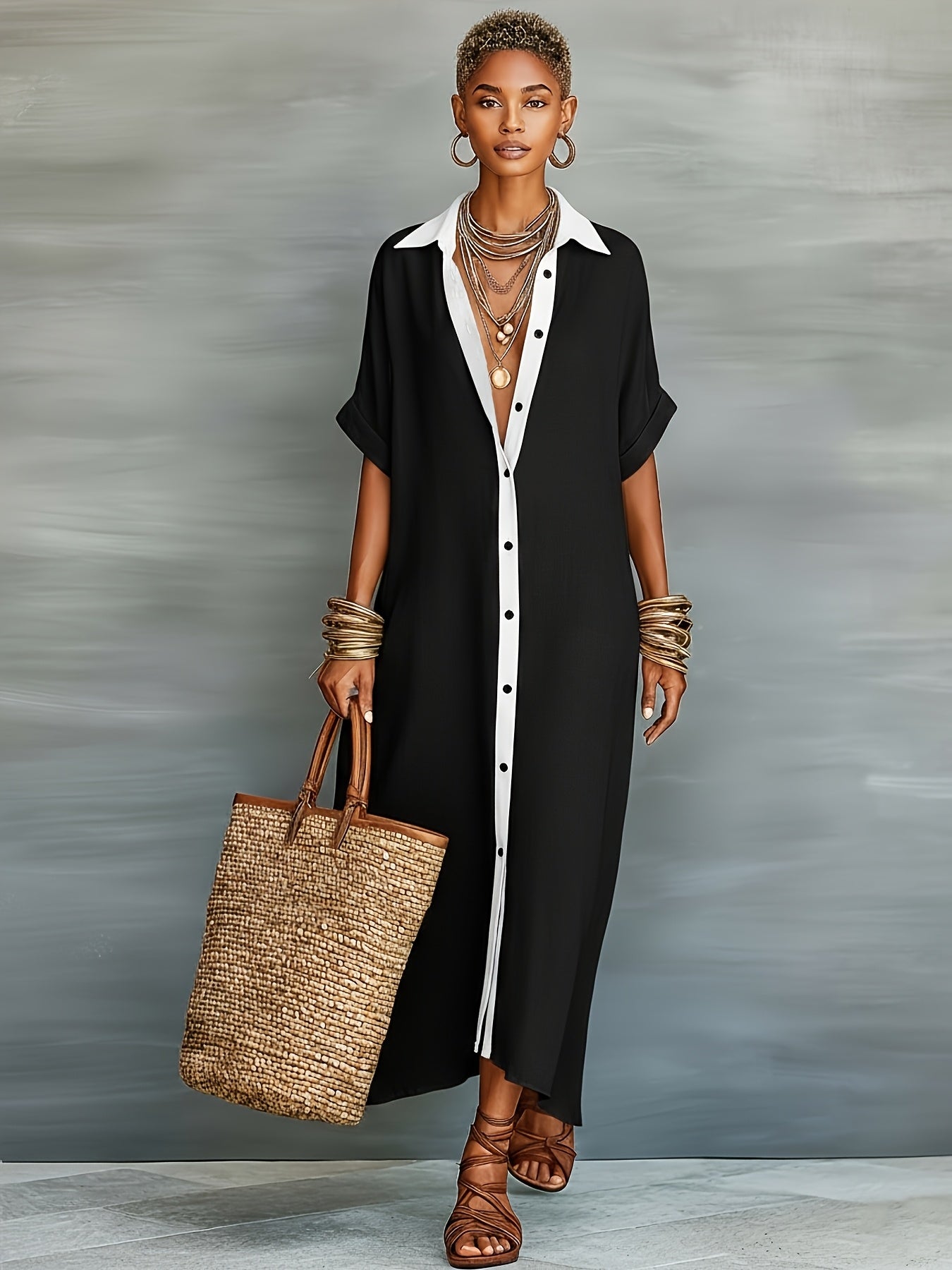 Robe Chemise Longue Décontractée Femme Style Bohème Élégant Été