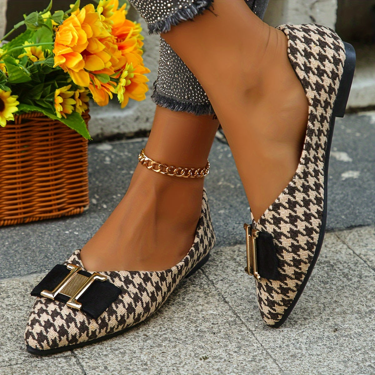 Ballerine donna con motivo pied-de-poule chic ed eleganti per tutti i giorni